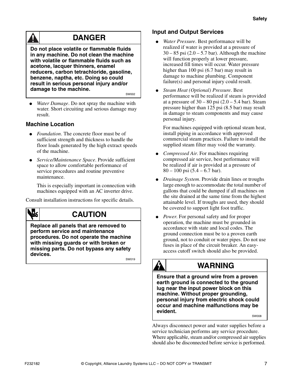 Machine location, Input and output services, Danger | Caution, Warning | Alliance Laundry Systems F232182R1 User Manual | Page 9 / 34