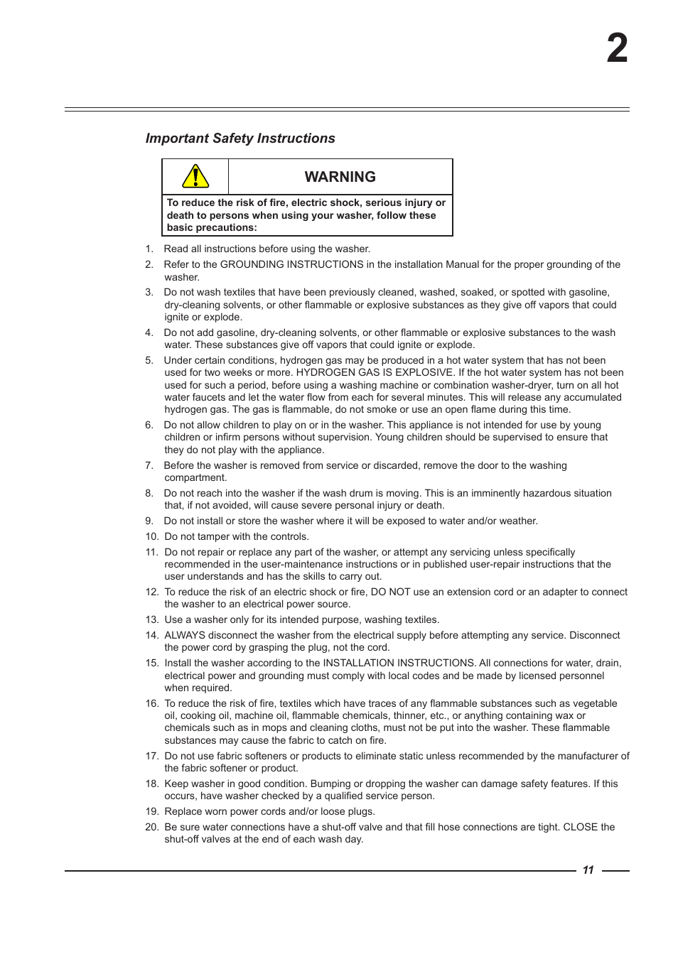 Warning, Important safety instructions | Alliance Laundry Systems WFF135 User Manual | Page 11 / 51