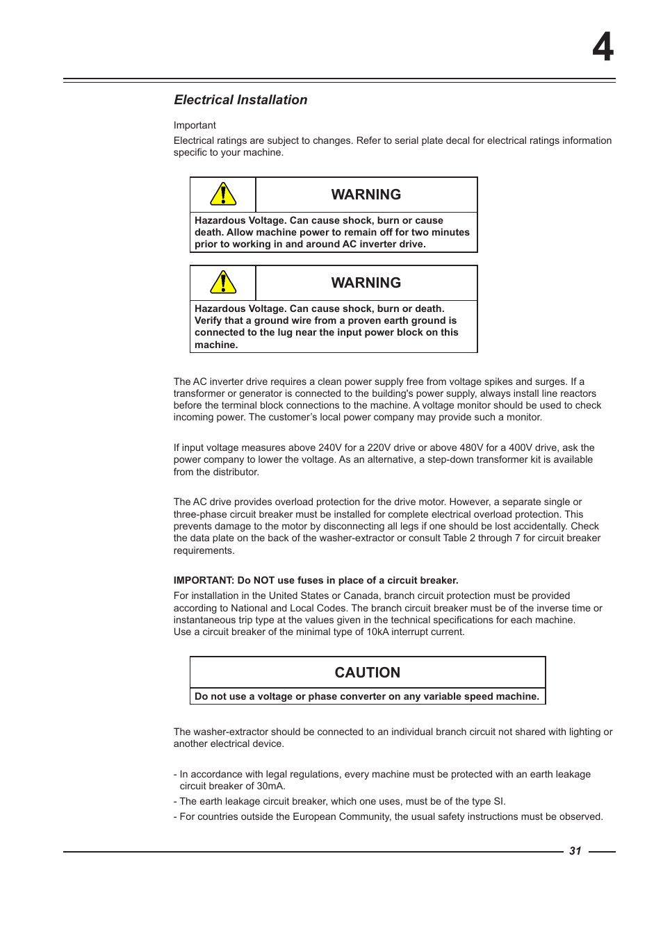 Warning, Caution | Alliance Laundry Systems WFF135 User Manual | Page 31 / 51
