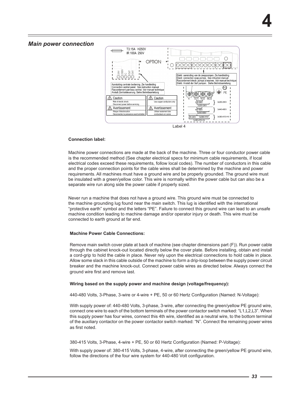 Main power connection | Alliance Laundry Systems WFF135 User Manual | Page 33 / 51