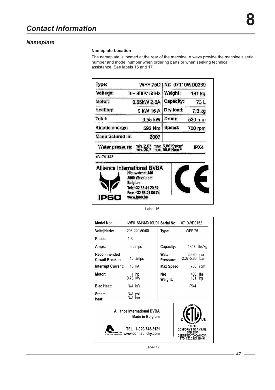 Contact information | Alliance Laundry Systems WFF135 User Manual | Page 47 / 51