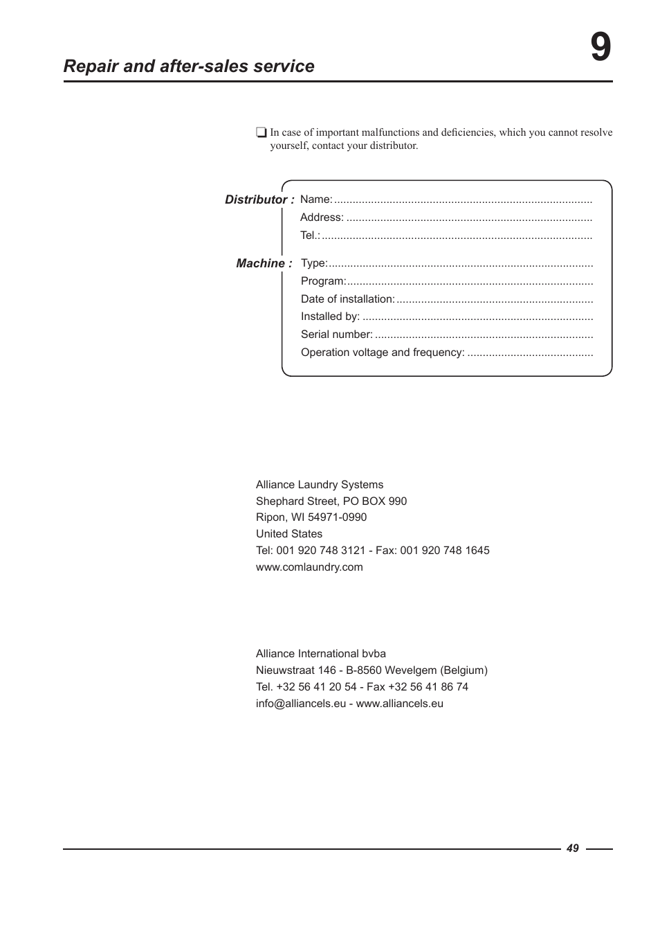 Repair and after-sales service | Alliance Laundry Systems WFF135 User Manual | Page 49 / 51