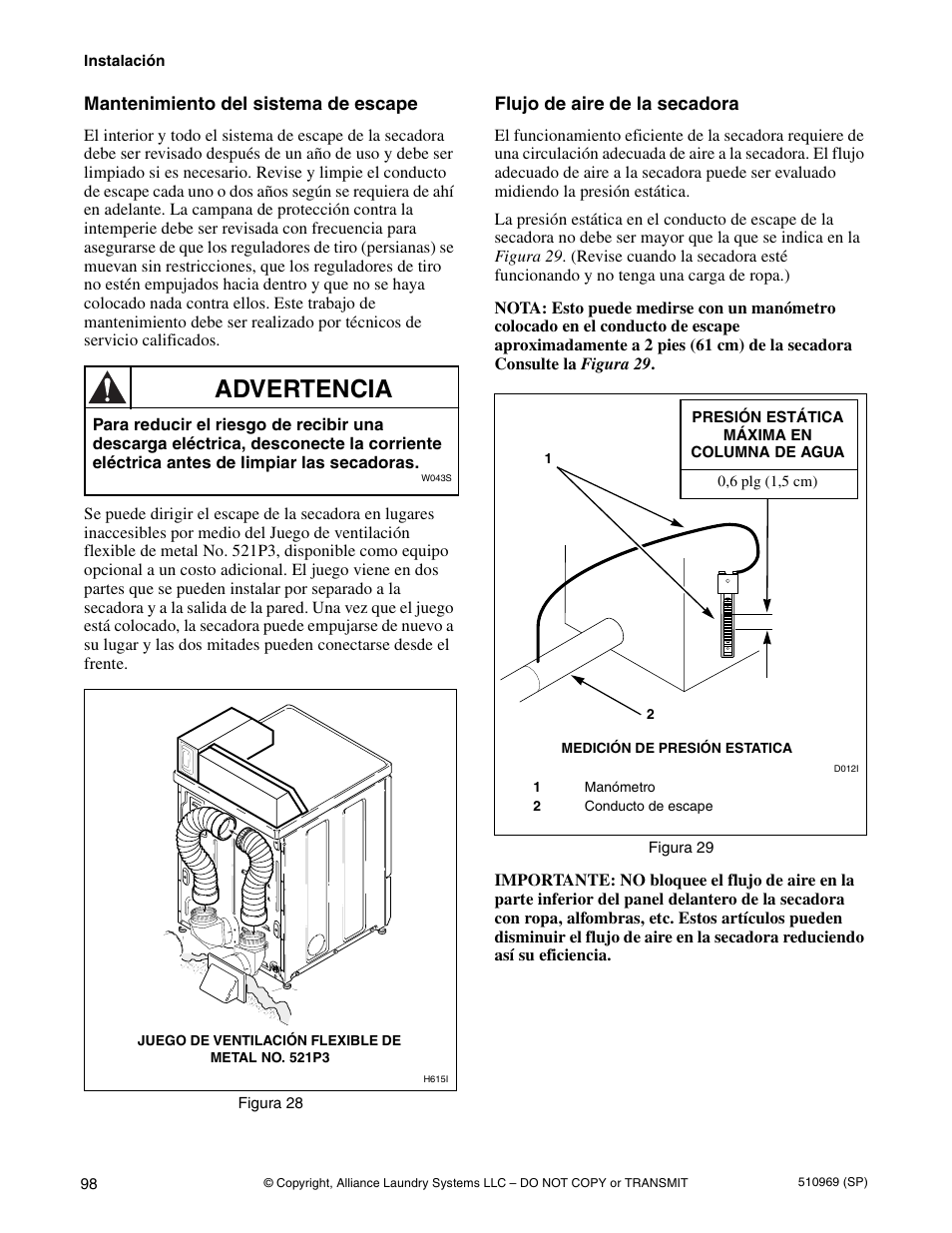 Advertencia, Mantenimiento del sistema de escape, Flujo de aire de la secadora | Alliance Laundry Systems D677I User Manual | Page 100 / 122
