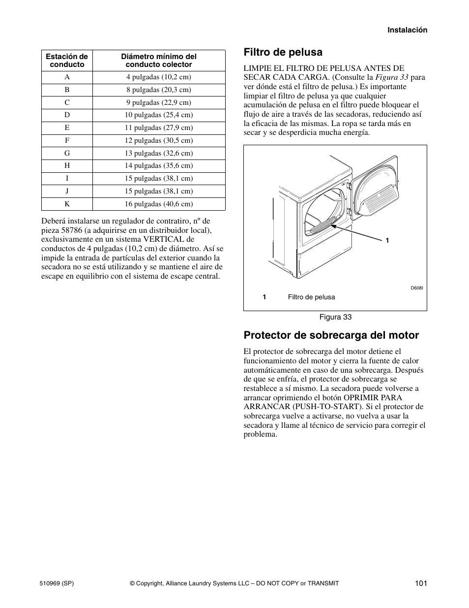 Filtro de pelusa, Protector de sobrecarga del motor | Alliance Laundry Systems D677I User Manual | Page 103 / 122
