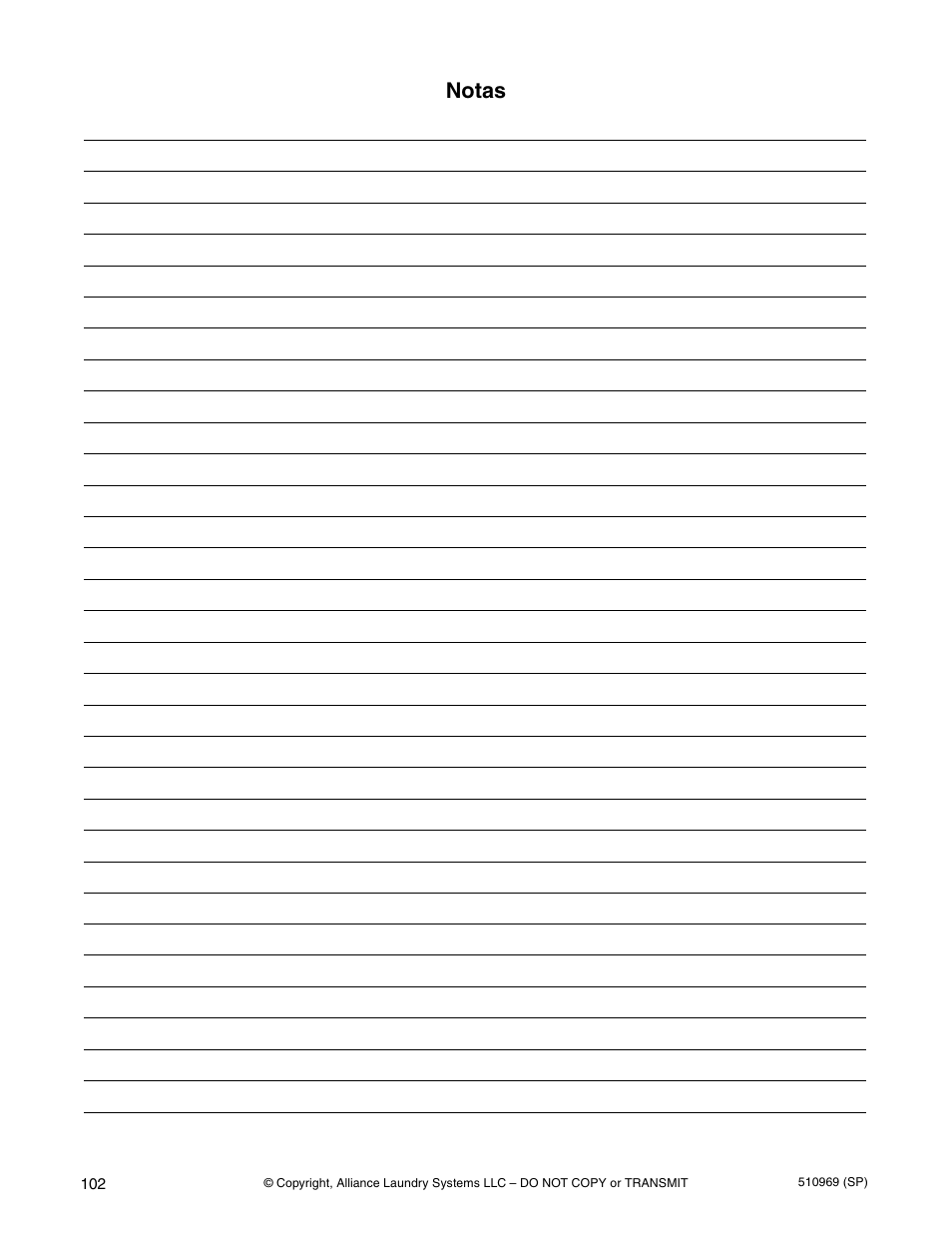 Notas | Alliance Laundry Systems D677I User Manual | Page 104 / 122