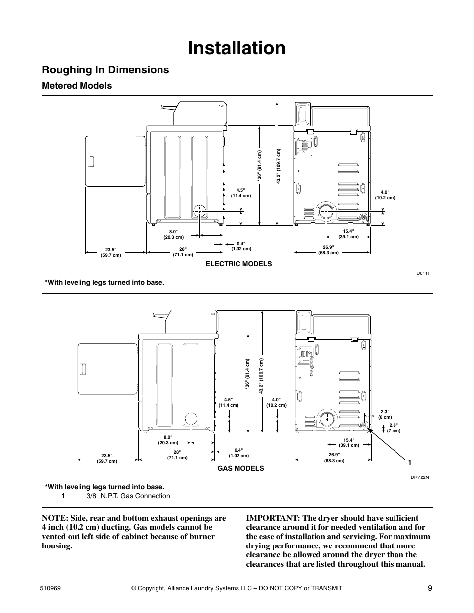 Installation, Roughing in dimensions, Metered models | With leveling legs turned into base, Electric models, Gas models | Alliance Laundry Systems D677I User Manual | Page 11 / 122