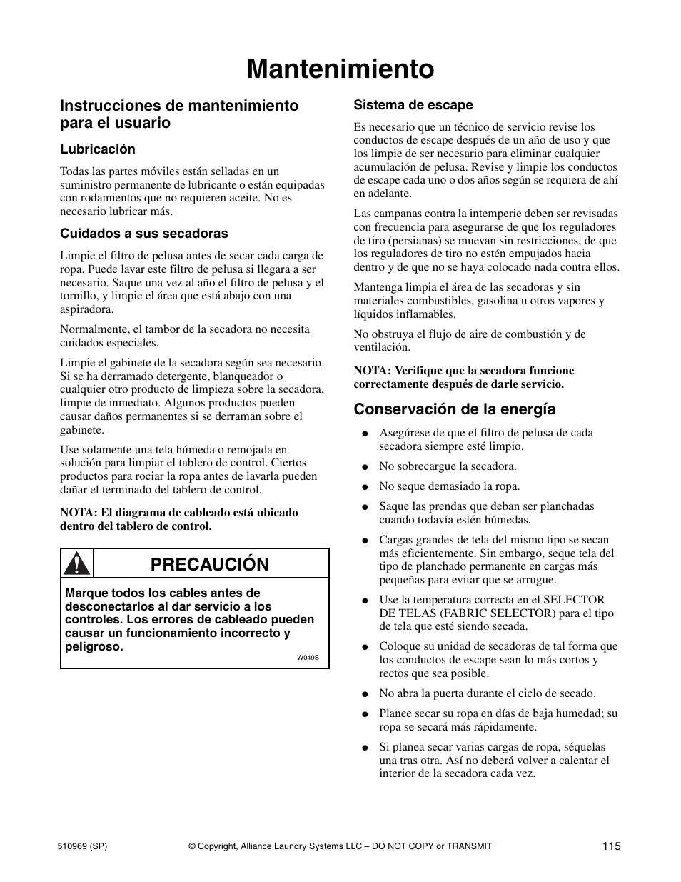 Mantenimiento, Precaución, Instrucciones de mantenimiento para el usuario | Conservación de la energía | Alliance Laundry Systems D677I User Manual | Page 117 / 122