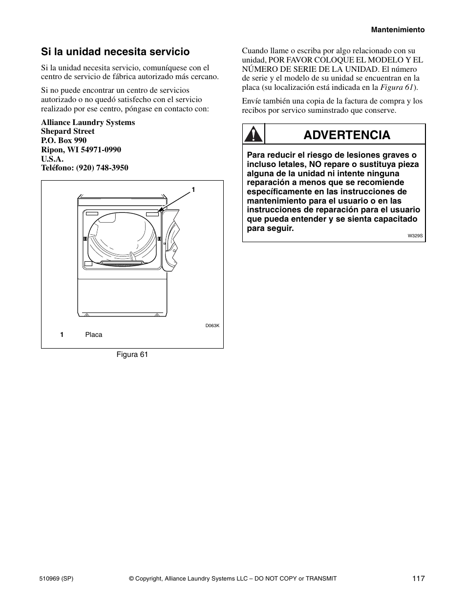 Advertencia, Si la unidad necesita servicio | Alliance Laundry Systems D677I User Manual | Page 119 / 122