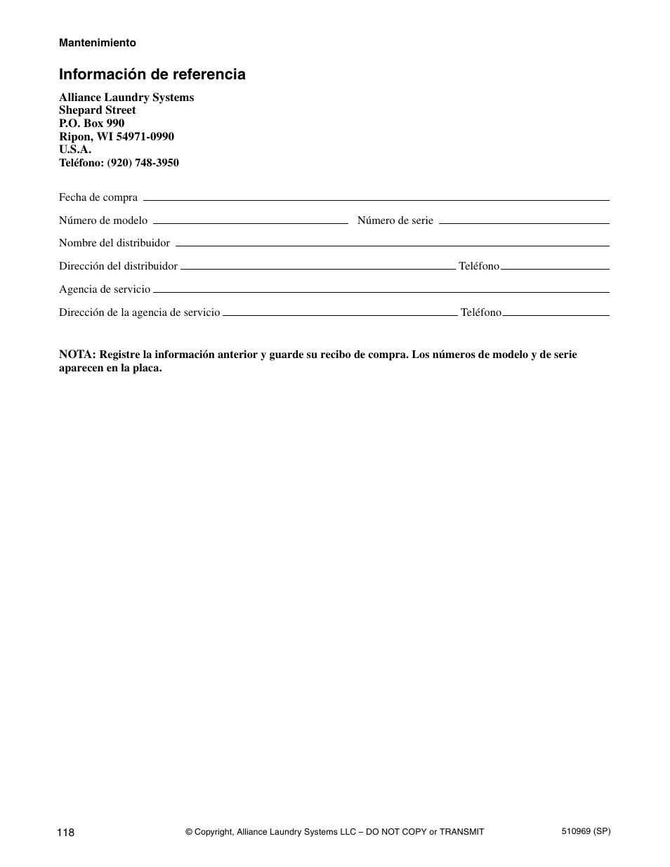 Información de referencia | Alliance Laundry Systems D677I User Manual | Page 120 / 122