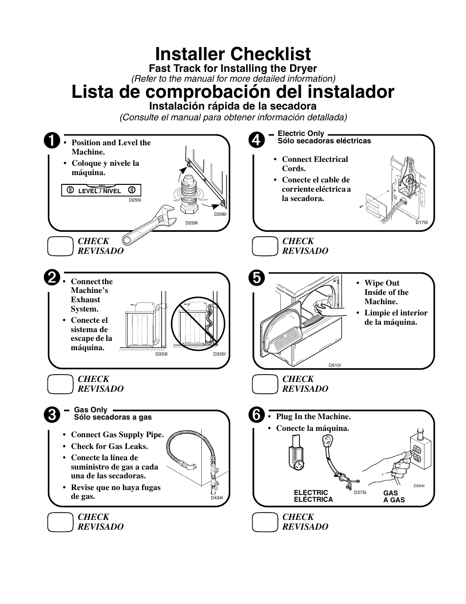 Installer checklist, Lista de comprobación del instalador | Alliance Laundry Systems D677I User Manual | Page 122 / 122