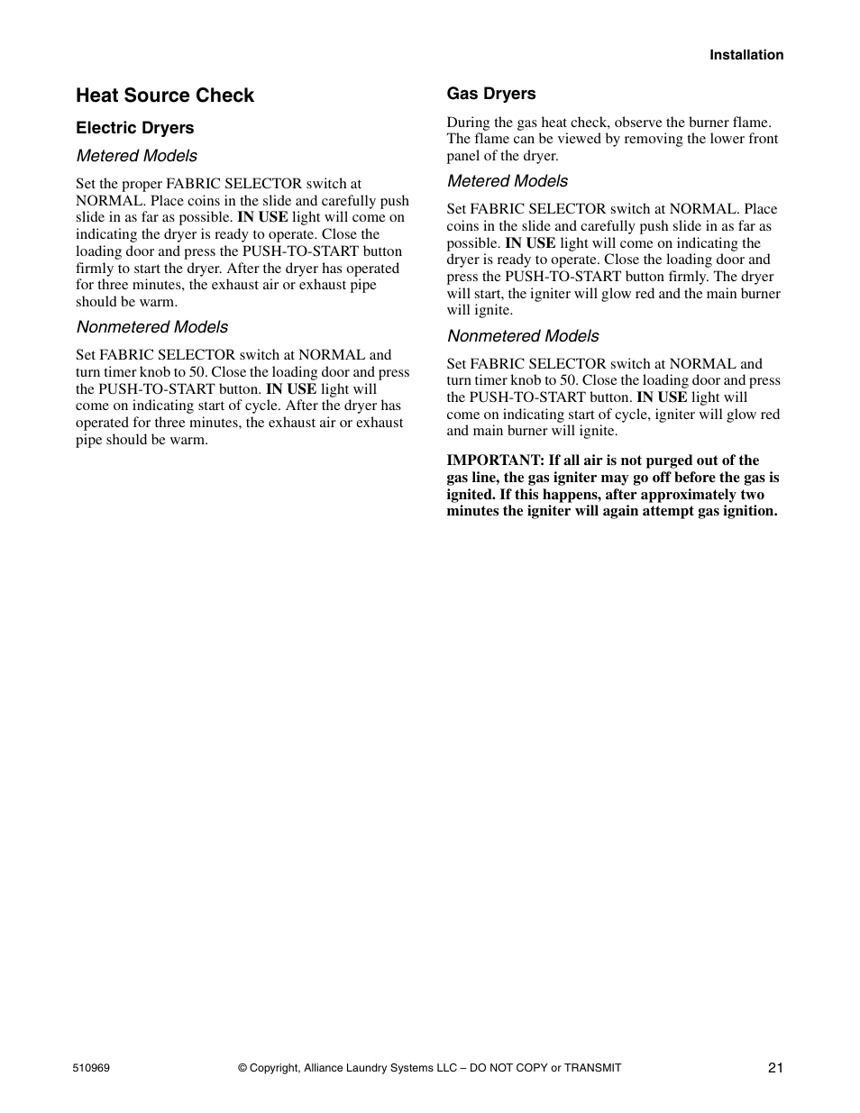 Heat source check | Alliance Laundry Systems D677I User Manual | Page 23 / 122