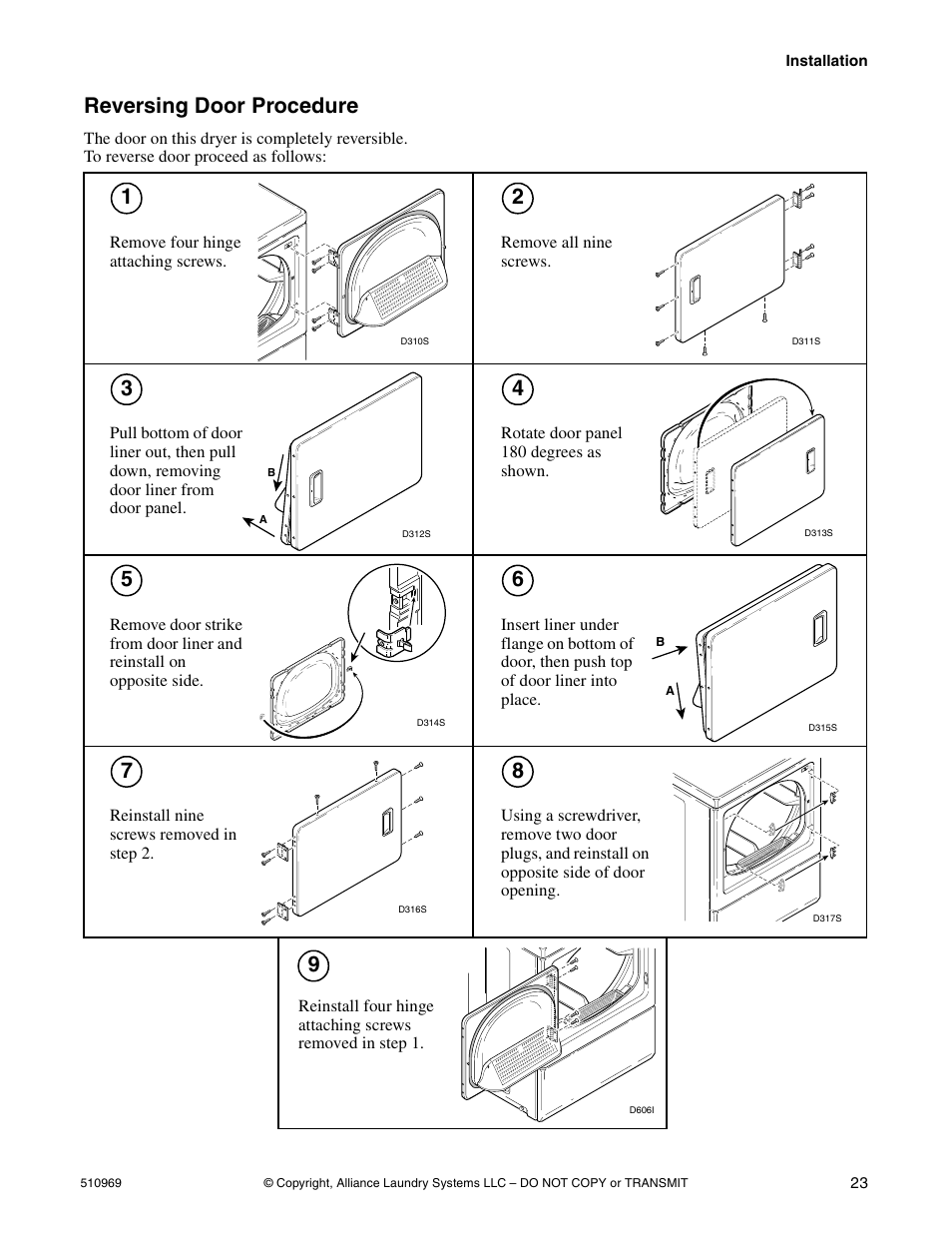 Reversing door procedure, Remove four hinge attaching screws, Remove all nine screws | Rotate door panel 180 degrees as shown, Reinstall nine screws removed in step 2 | Alliance Laundry Systems D677I User Manual | Page 25 / 122
