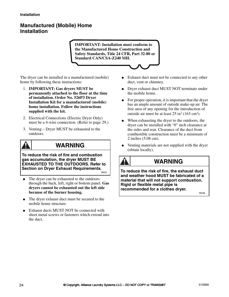 Warning, Manufactured (mobile) home installation | Alliance Laundry Systems D677I User Manual | Page 26 / 122