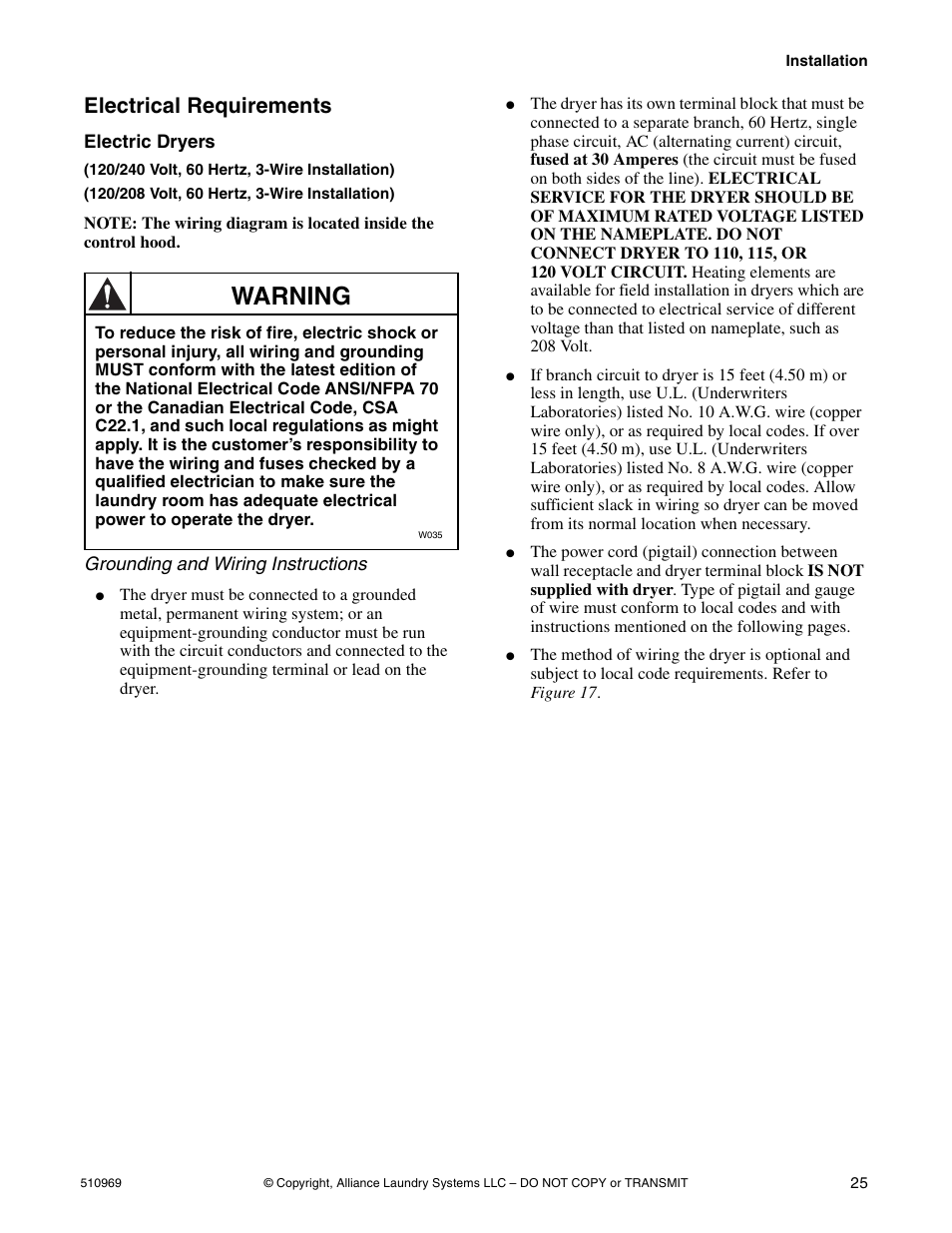 Warning, Electrical requirements | Alliance Laundry Systems D677I User Manual | Page 27 / 122