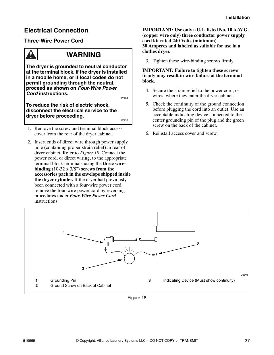 Warning, Electrical connection | Alliance Laundry Systems D677I User Manual | Page 29 / 122