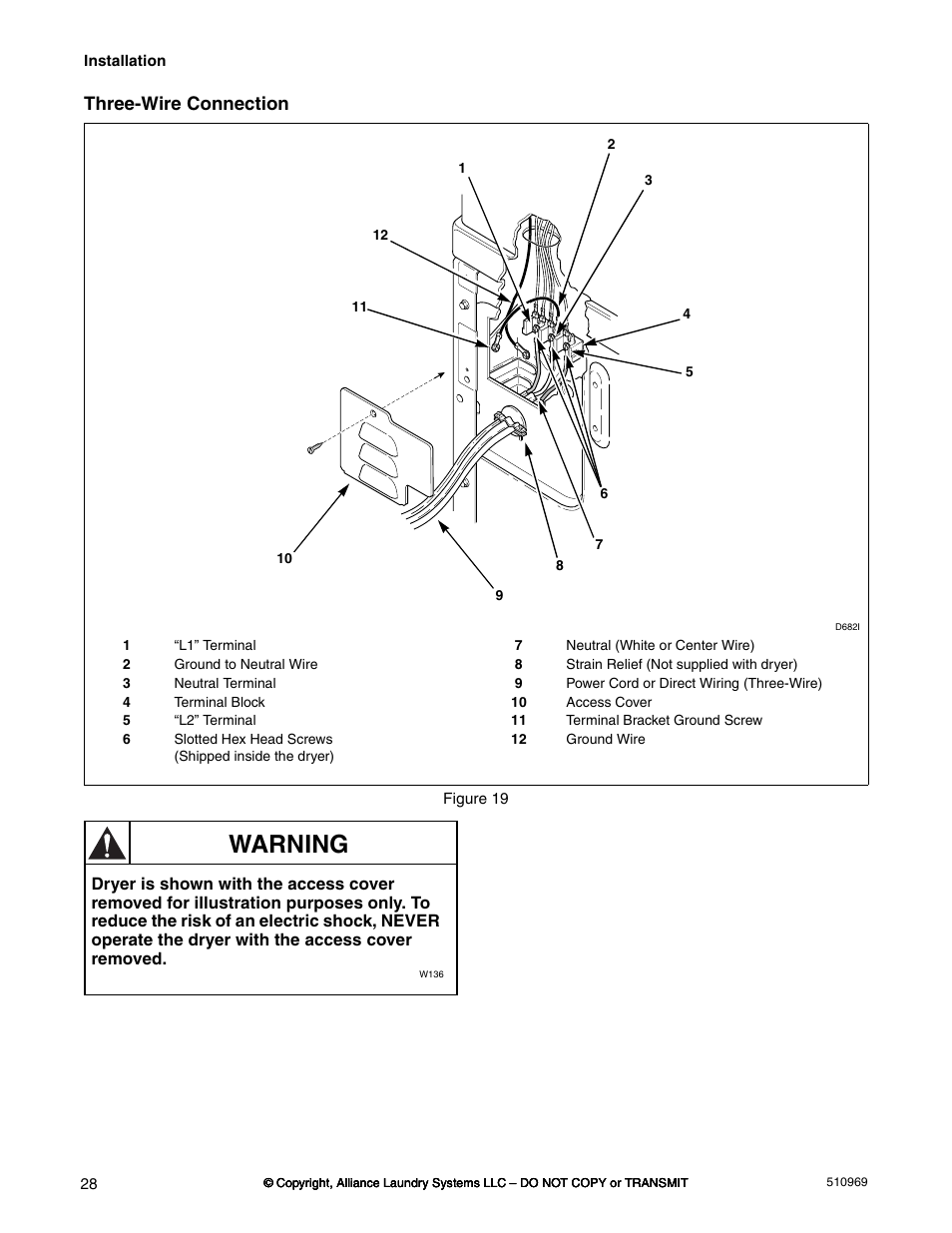 Warning, Three-wire connection | Alliance Laundry Systems D677I User Manual | Page 30 / 122
