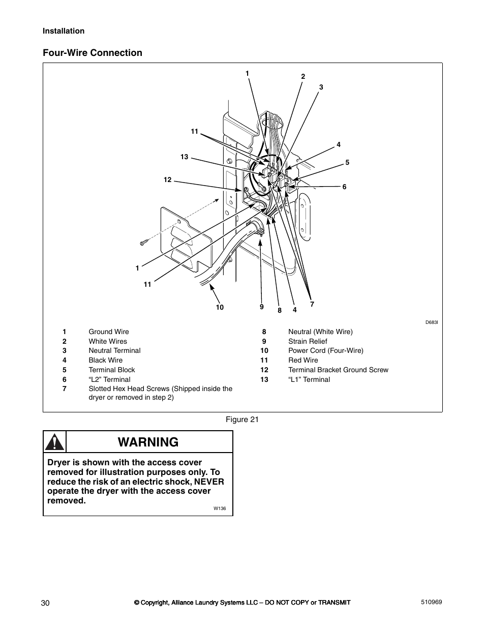 Warning, Four-wire connection | Alliance Laundry Systems D677I User Manual | Page 32 / 122