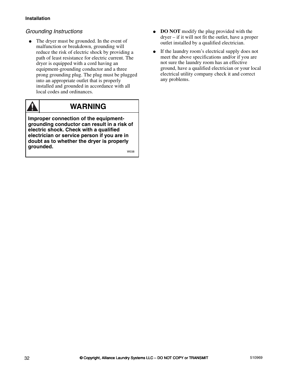 Warning, Grounding instructions | Alliance Laundry Systems D677I User Manual | Page 34 / 122