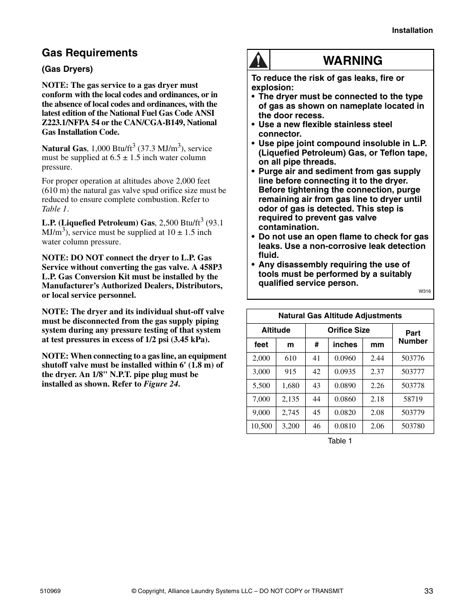 Warning, Gas requirements | Alliance Laundry Systems D677I User Manual | Page 35 / 122