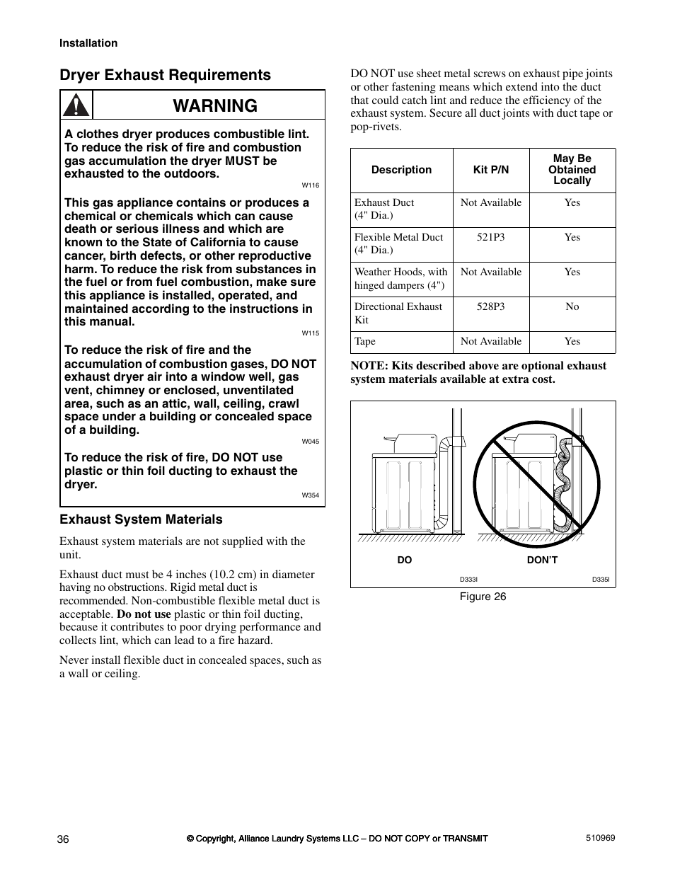 Warning, Dryer exhaust requirements, Exhaust system materials | Alliance Laundry Systems D677I User Manual | Page 38 / 122