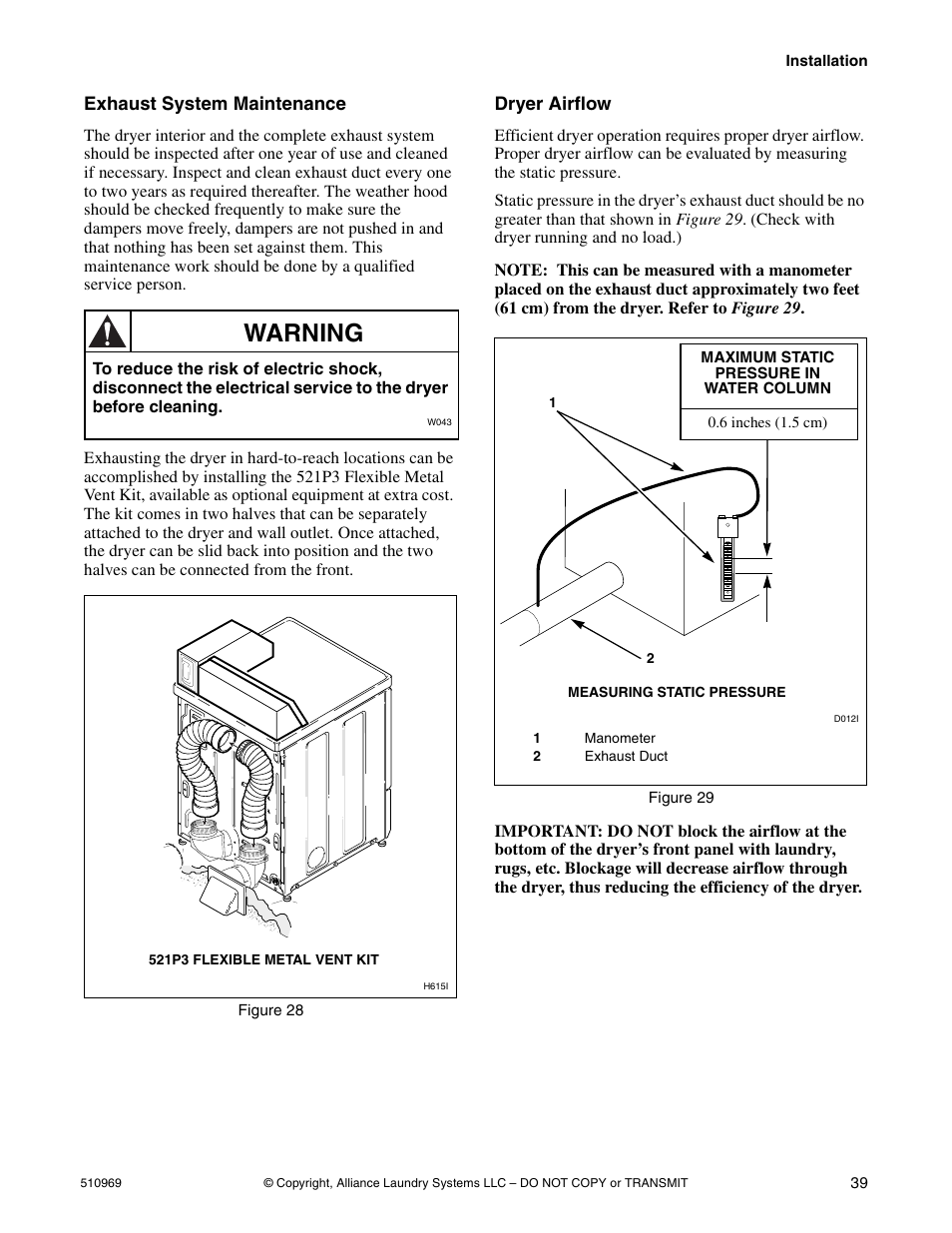 Warning, Exhaust system maintenance, Dryer airflow | Alliance Laundry Systems D677I User Manual | Page 41 / 122