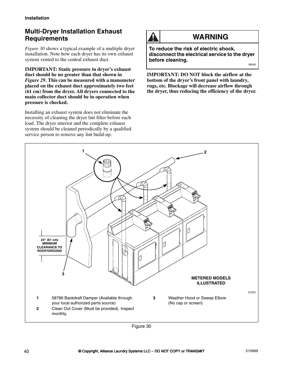 Warning, Multi-dryer installation exhaust requirements | Alliance Laundry Systems D677I User Manual | Page 42 / 122