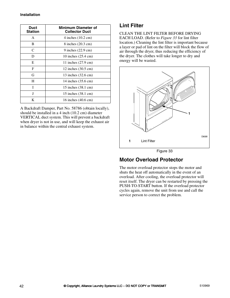 Lint filter, Motor overload protector | Alliance Laundry Systems D677I User Manual | Page 44 / 122