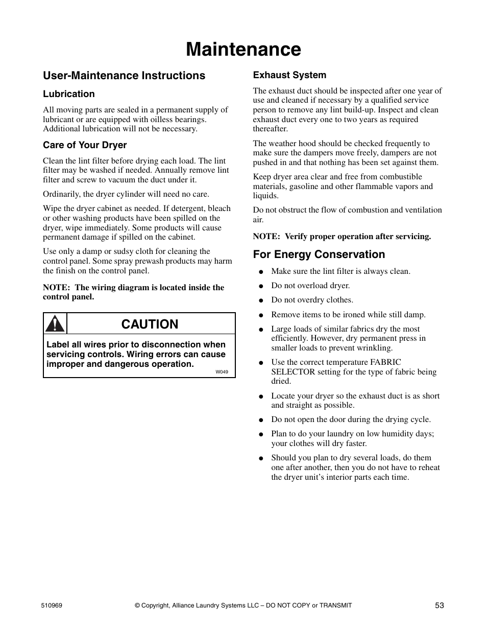 Maintenance, Caution, User-maintenance instructions | For energy conservation | Alliance Laundry Systems D677I User Manual | Page 55 / 122