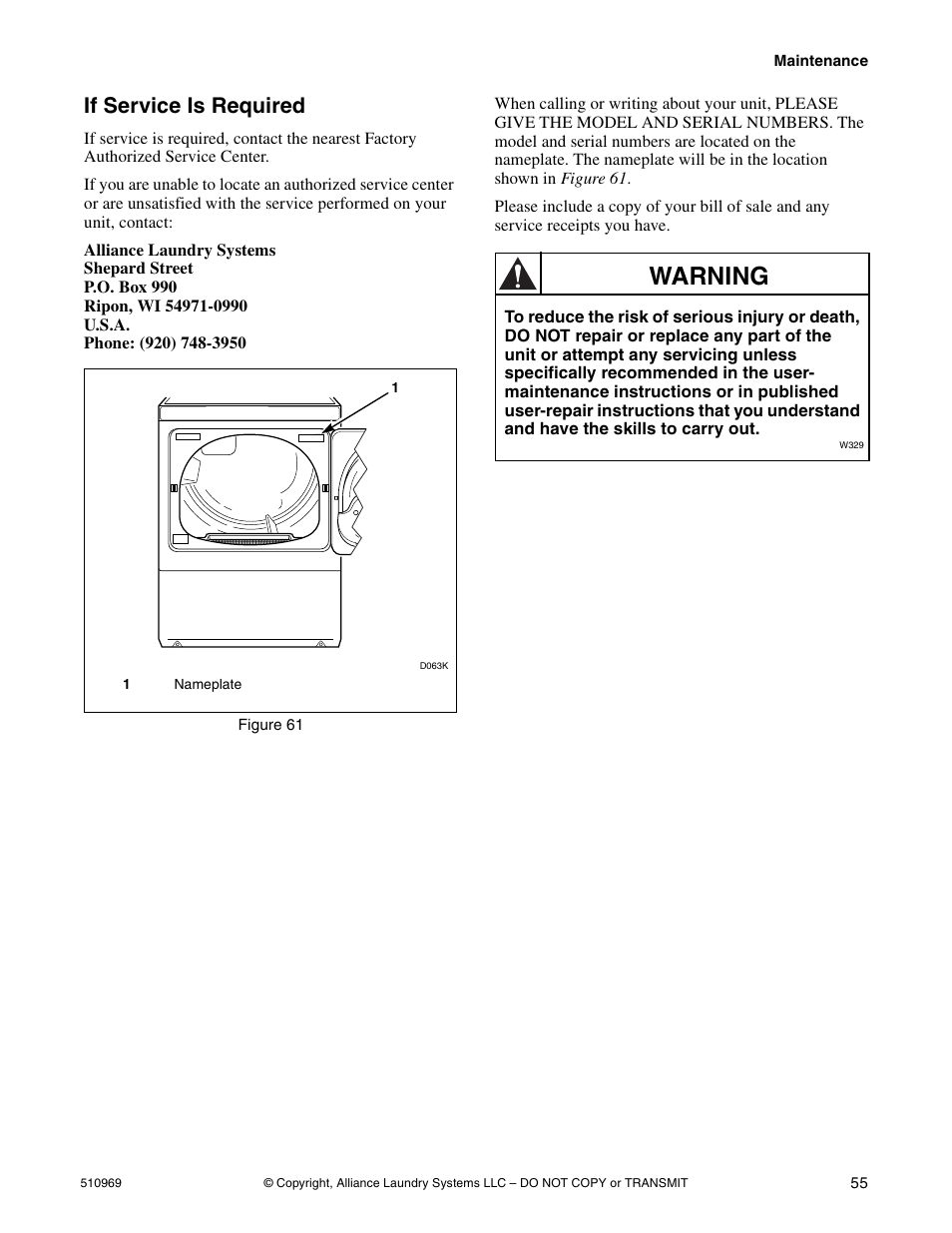 Warning, If service is required | Alliance Laundry Systems D677I User Manual | Page 57 / 122