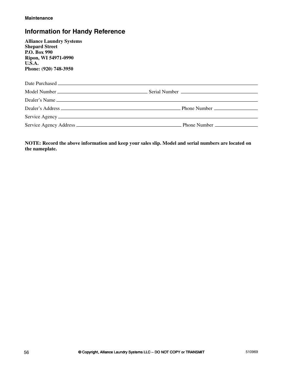 Information for handy reference | Alliance Laundry Systems D677I User Manual | Page 58 / 122