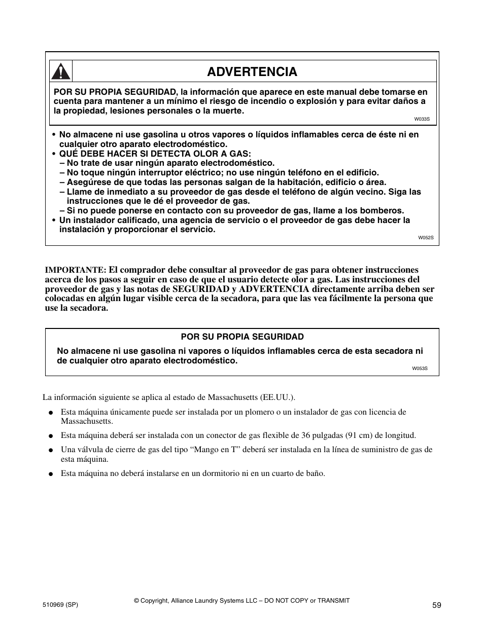 Advertencia | Alliance Laundry Systems D677I User Manual | Page 61 / 122
