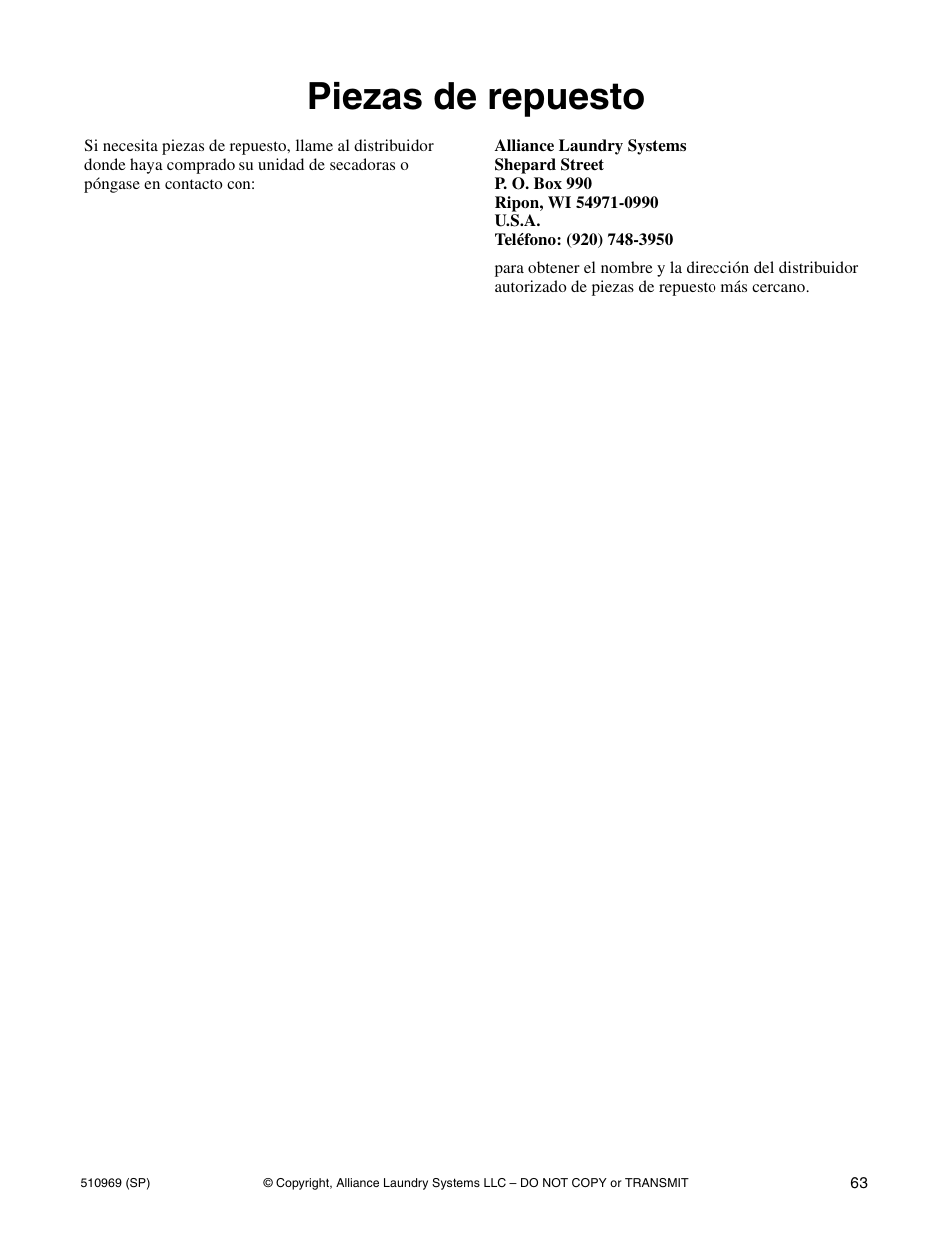 Piezas de repuesto | Alliance Laundry Systems D677I User Manual | Page 65 / 122