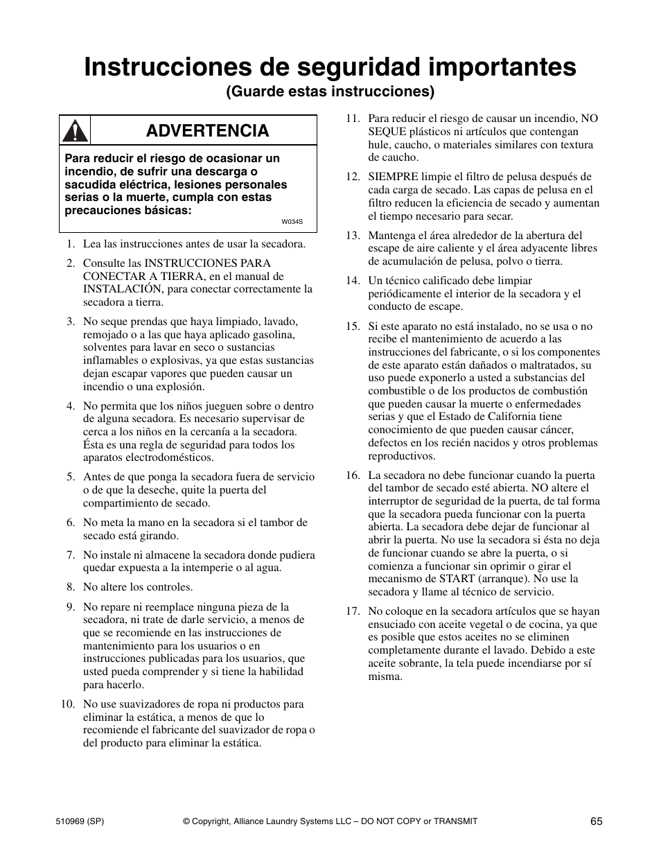 Instrucciones de seguridad importantes, Advertencia, Guarde estas instrucciones) | Alliance Laundry Systems D677I User Manual | Page 67 / 122