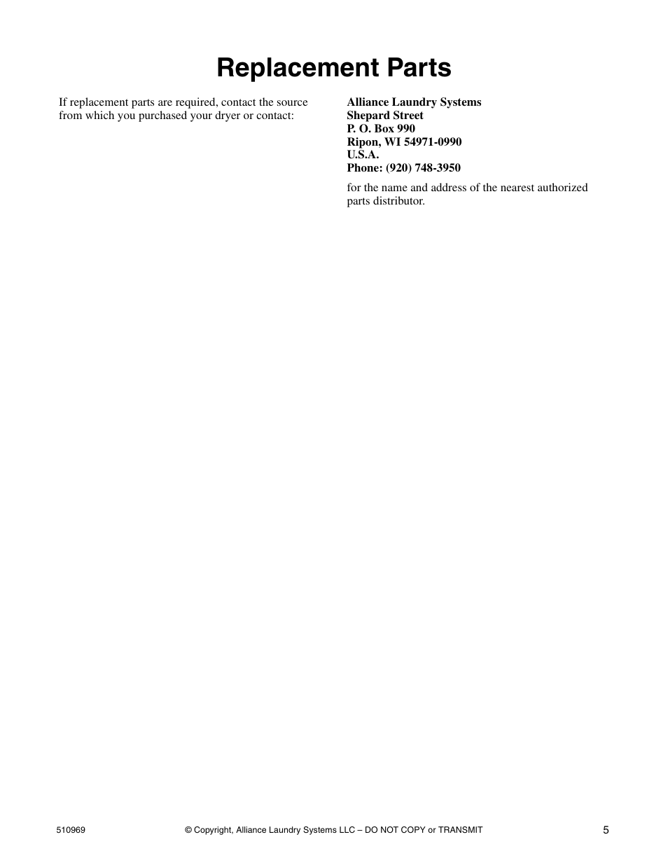 Replacement parts | Alliance Laundry Systems D677I User Manual | Page 7 / 122