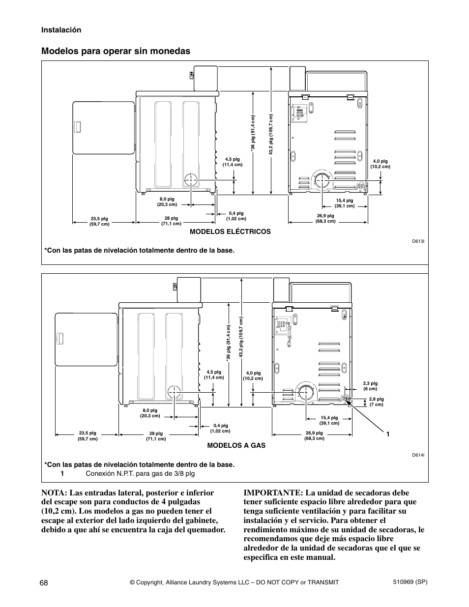 Modelos para operar sin monedas, Instalación, Modelos eléctricos | 1modelos a gas | Alliance Laundry Systems D677I User Manual | Page 70 / 122