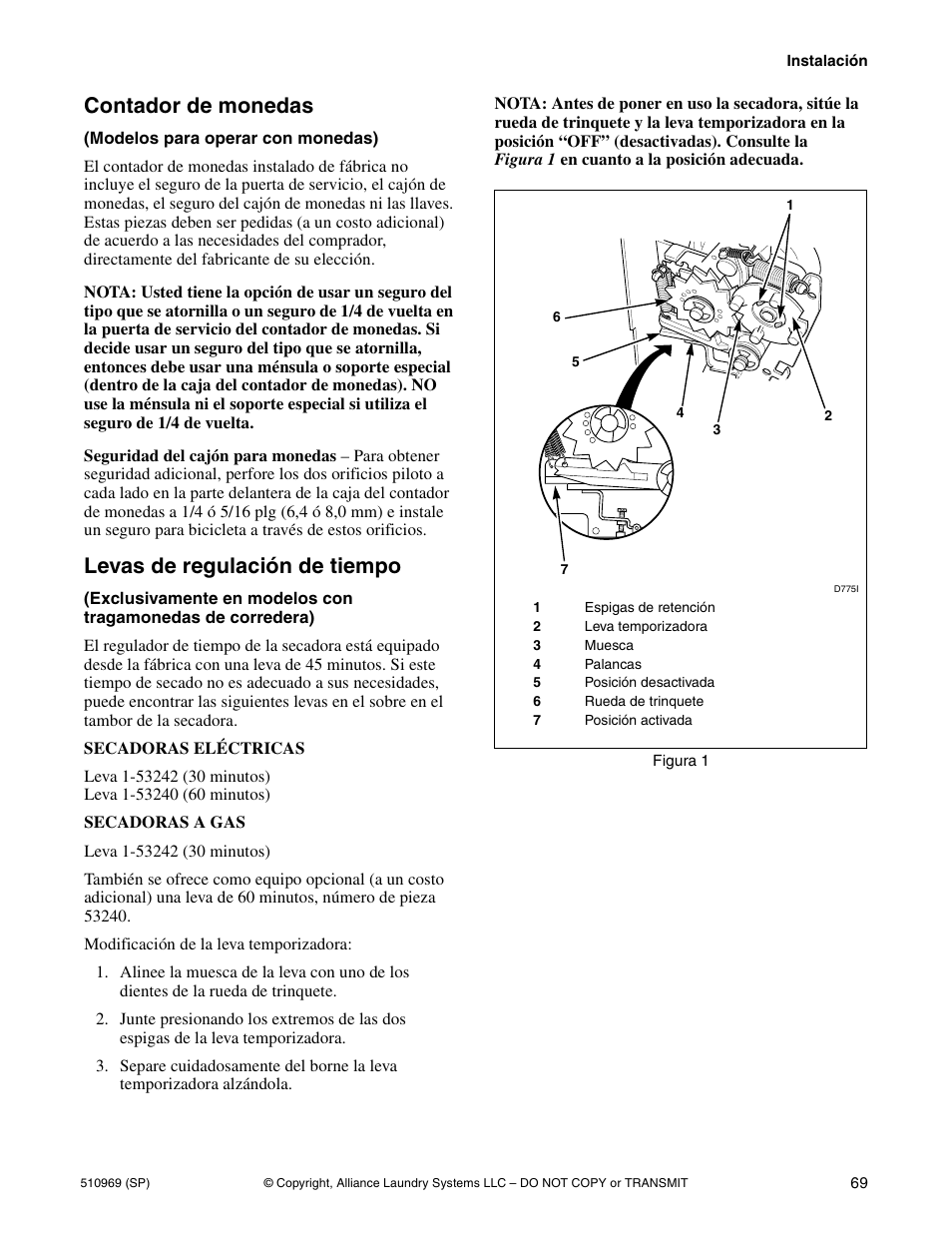 Contador de monedas, Levas de regulación de tiempo | Alliance Laundry Systems D677I User Manual | Page 71 / 122