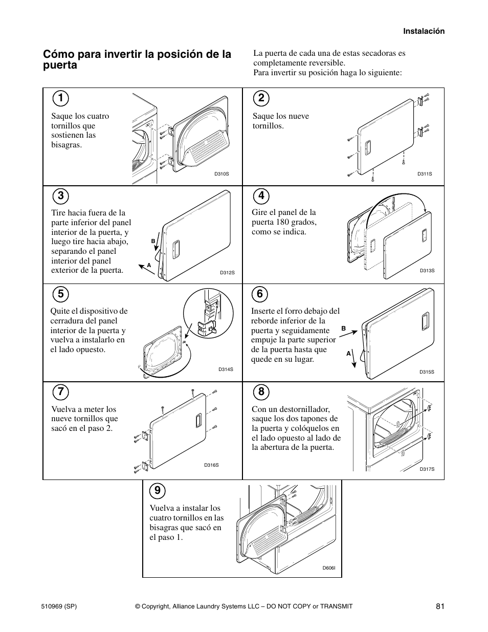 Cómo para invertir la posición de la puerta, Saque los nueve tornillos | Alliance Laundry Systems D677I User Manual | Page 83 / 122