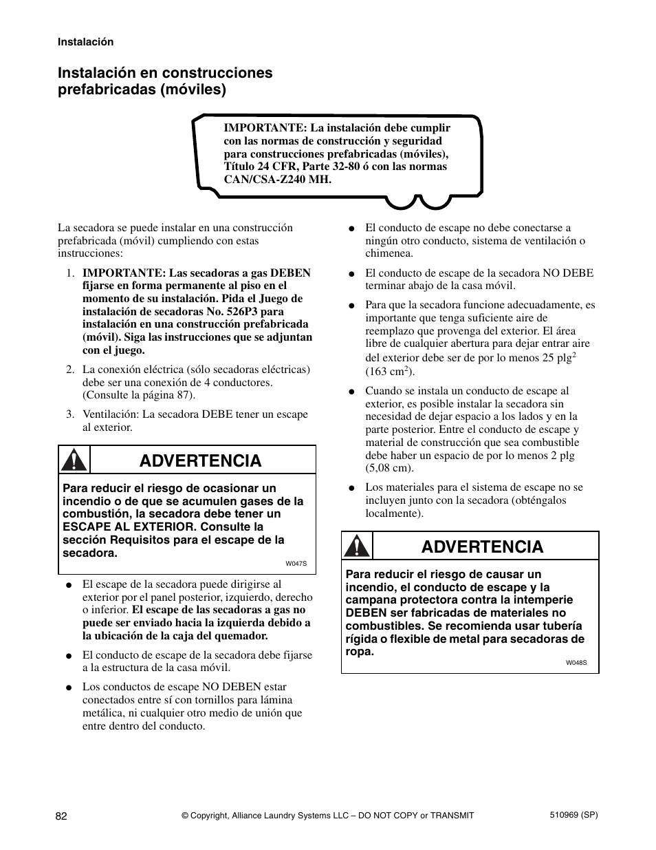 Advertencia | Alliance Laundry Systems D677I User Manual | Page 84 / 122