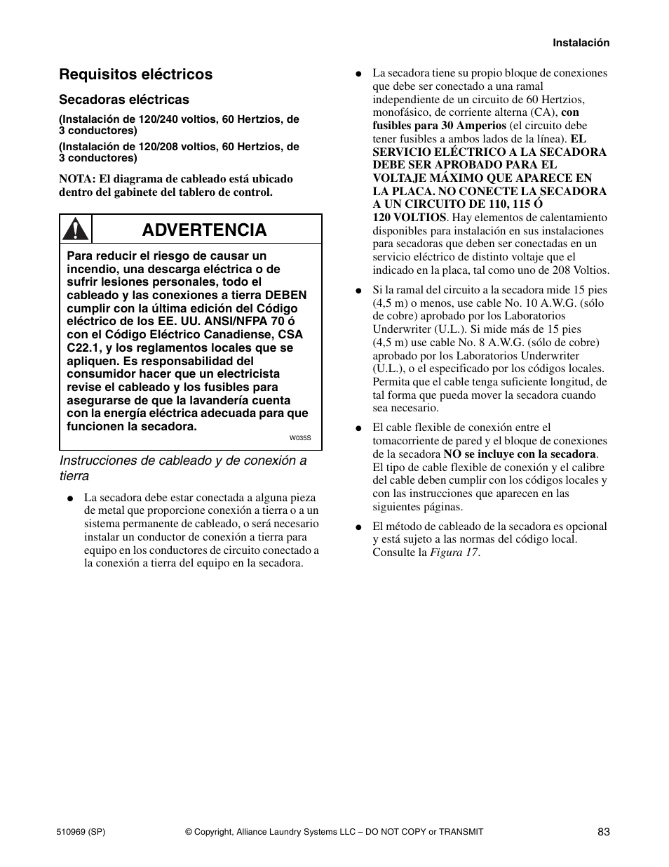 Advertencia, Requisitos eléctricos | Alliance Laundry Systems D677I User Manual | Page 85 / 122