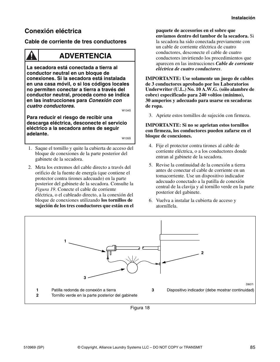 Advertencia, Conexión eléctrica | Alliance Laundry Systems D677I User Manual | Page 87 / 122