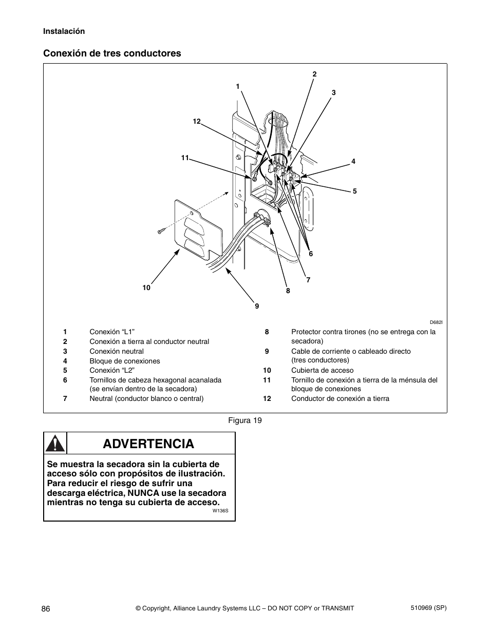 Advertencia, Conexión de tres conductores | Alliance Laundry Systems D677I User Manual | Page 88 / 122