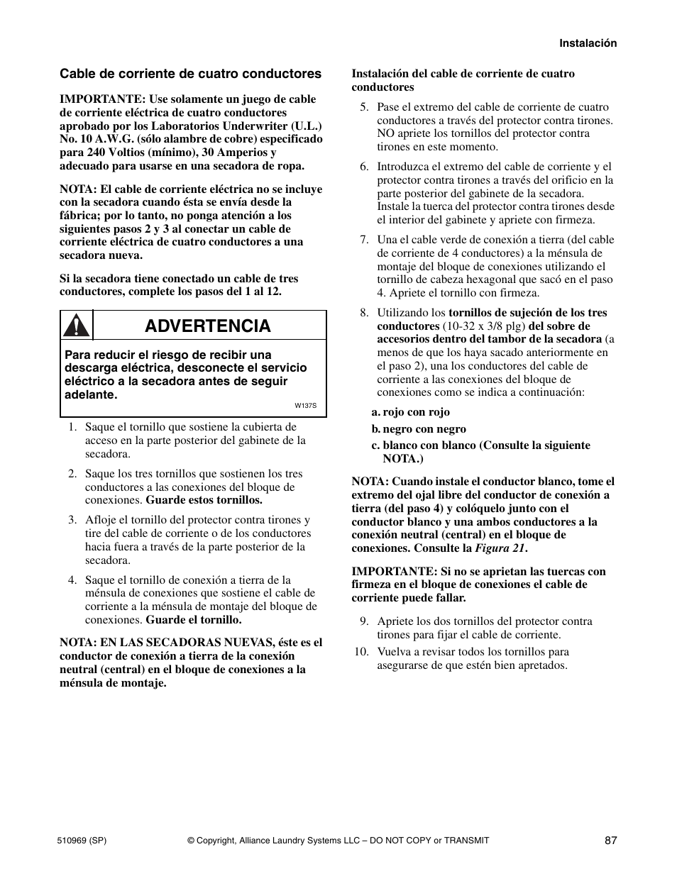 Advertencia | Alliance Laundry Systems D677I User Manual | Page 89 / 122