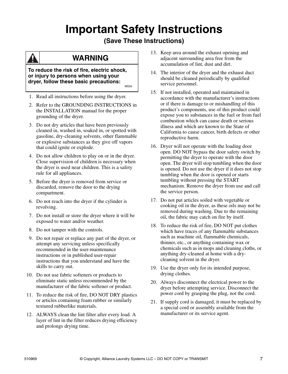 Important safety instructions, Warning, Save these instructions) | Alliance Laundry Systems D677I User Manual | Page 9 / 122