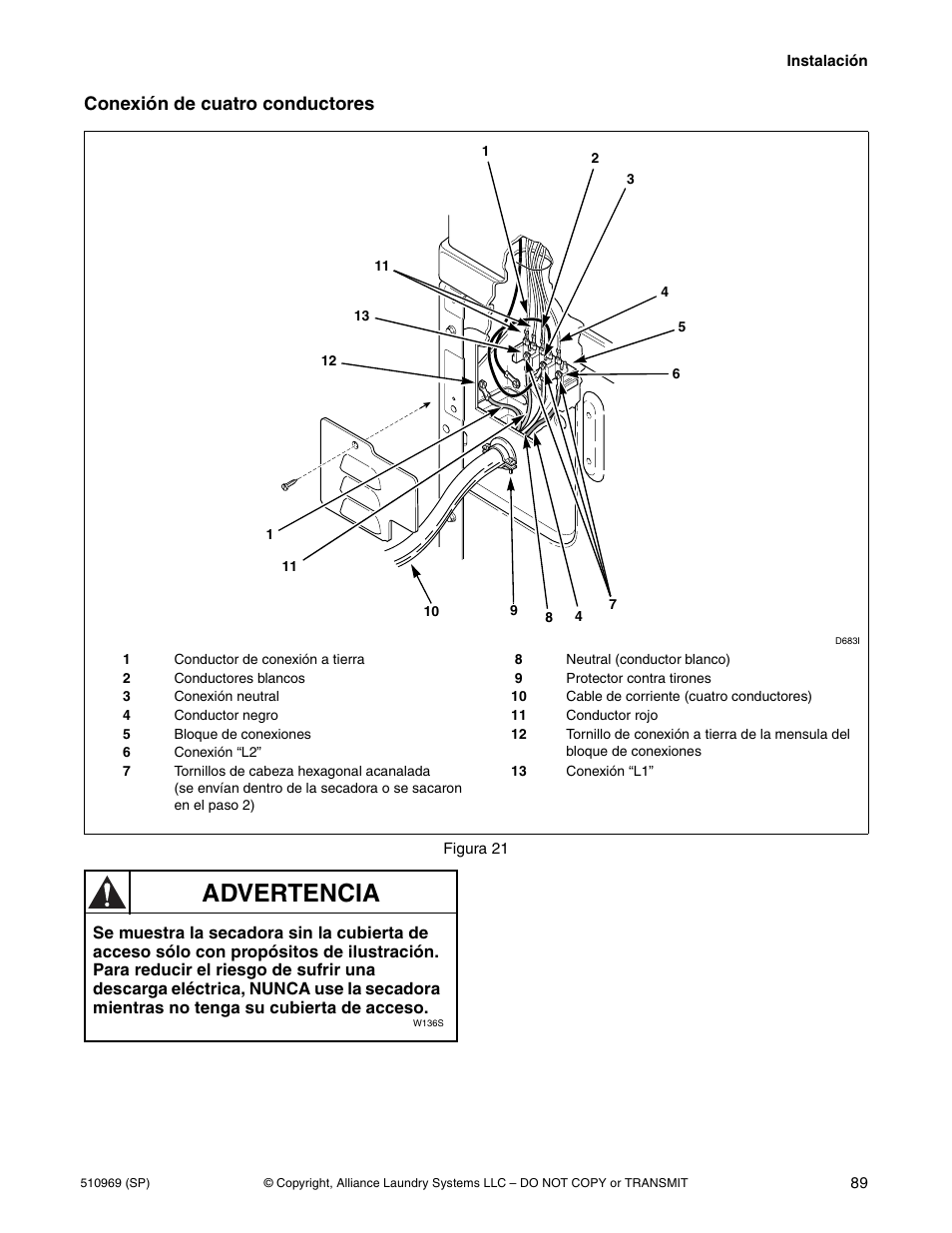 Advertencia, Conexión de cuatro conductores | Alliance Laundry Systems D677I User Manual | Page 91 / 122