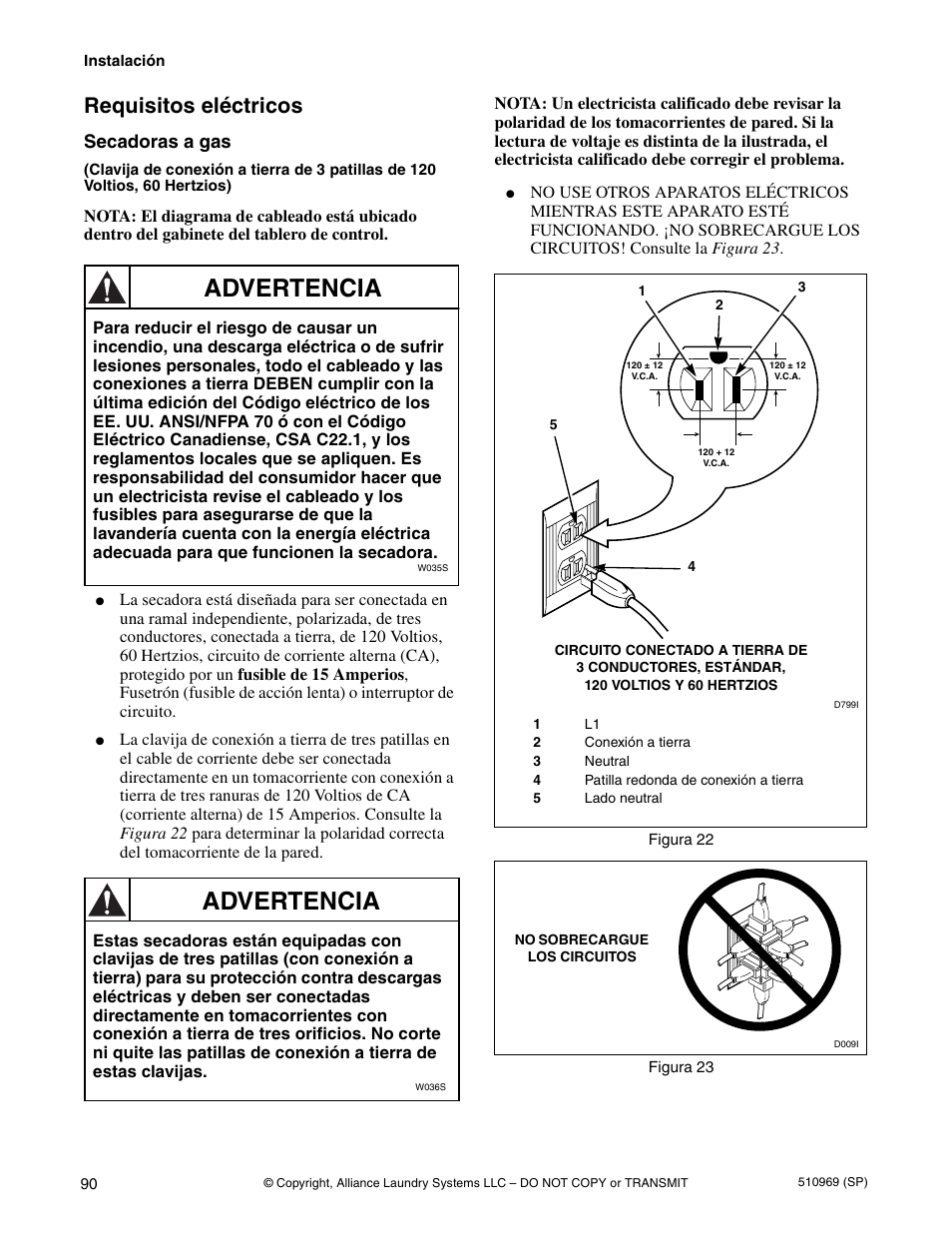 Advertencia, Requisitos eléctricos, Secadoras a gas | Alliance Laundry Systems D677I User Manual | Page 92 / 122