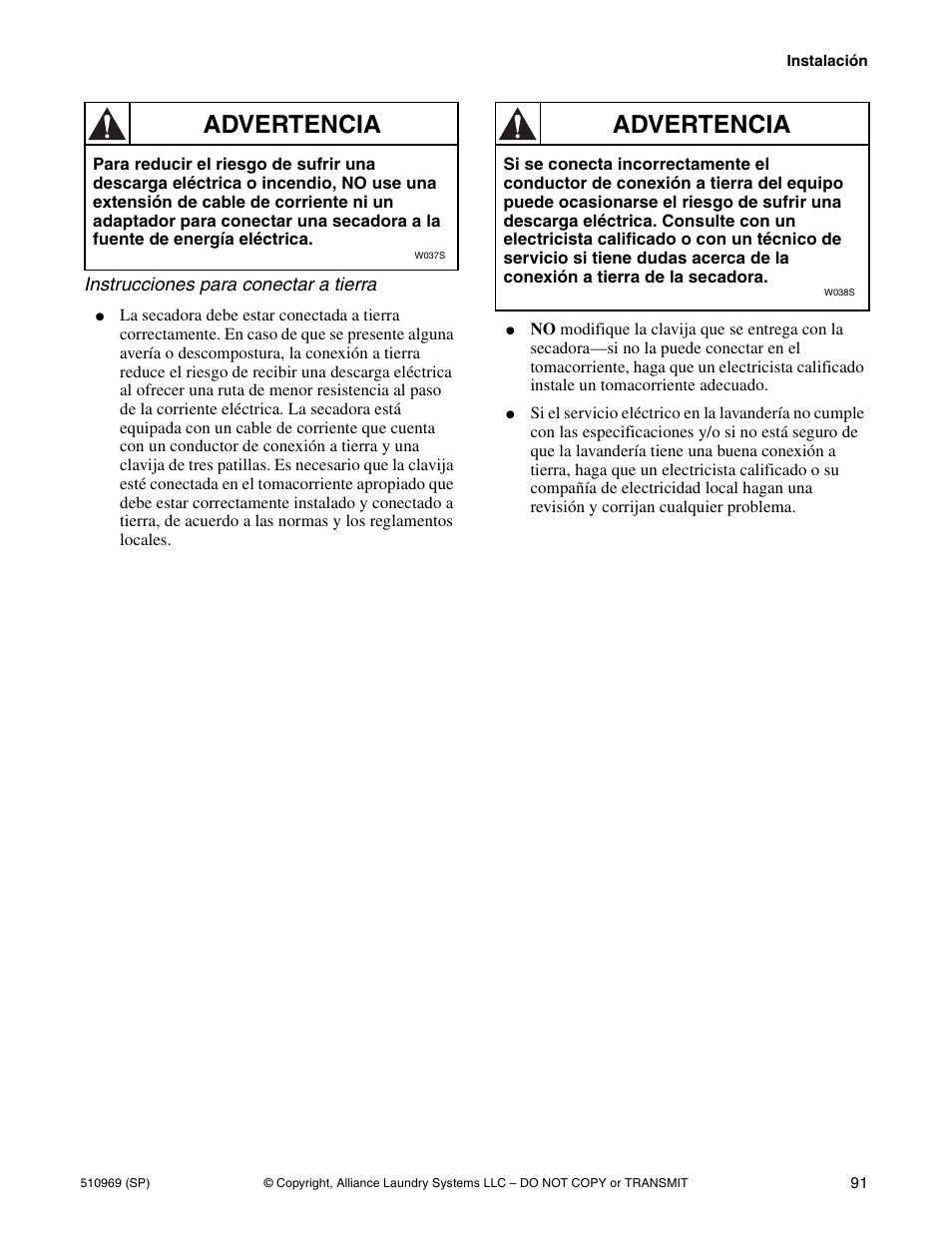 Advertencia | Alliance Laundry Systems D677I User Manual | Page 93 / 122