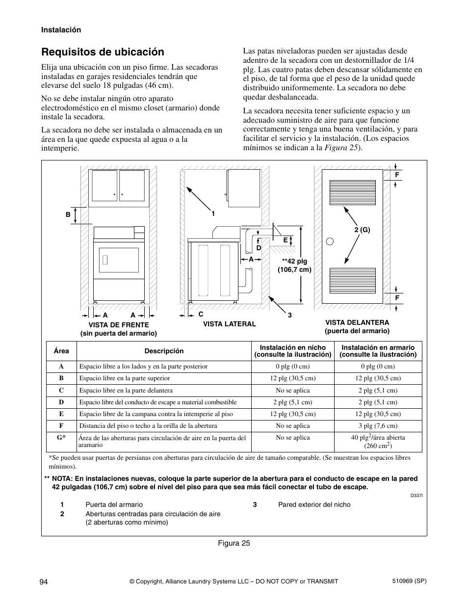 Requisitos de ubicación | Alliance Laundry Systems D677I User Manual | Page 96 / 122