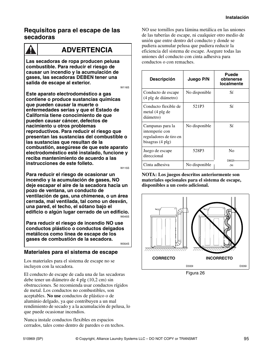 Advertencia, Requisitos para el escape de las secadoras, Materiales para el sistema de escape | Alliance Laundry Systems D677I User Manual | Page 97 / 122