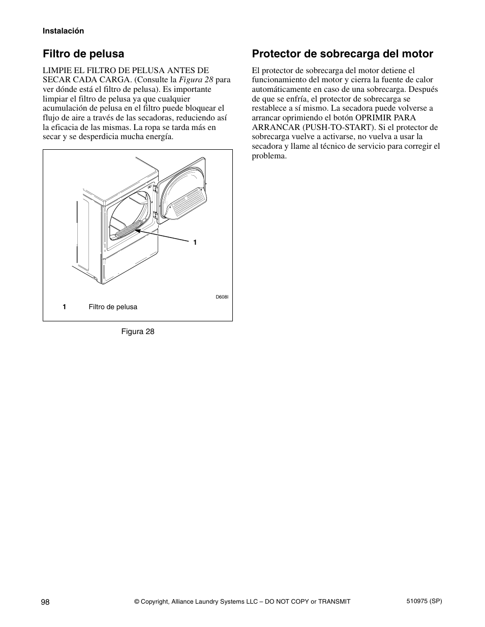 Filtro de pelusa, Protector de sobrecarga del motor | Alliance Laundry Systems Stacked Clothes Dryer User Manual | Page 100 / 118