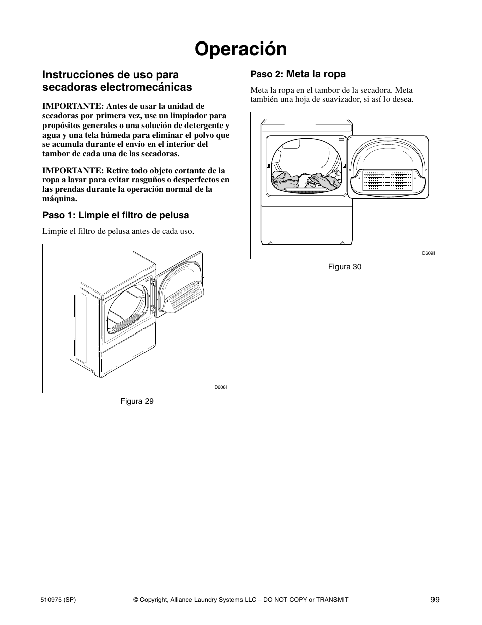 Operación, Meta la ropa | Alliance Laundry Systems Stacked Clothes Dryer User Manual | Page 101 / 118